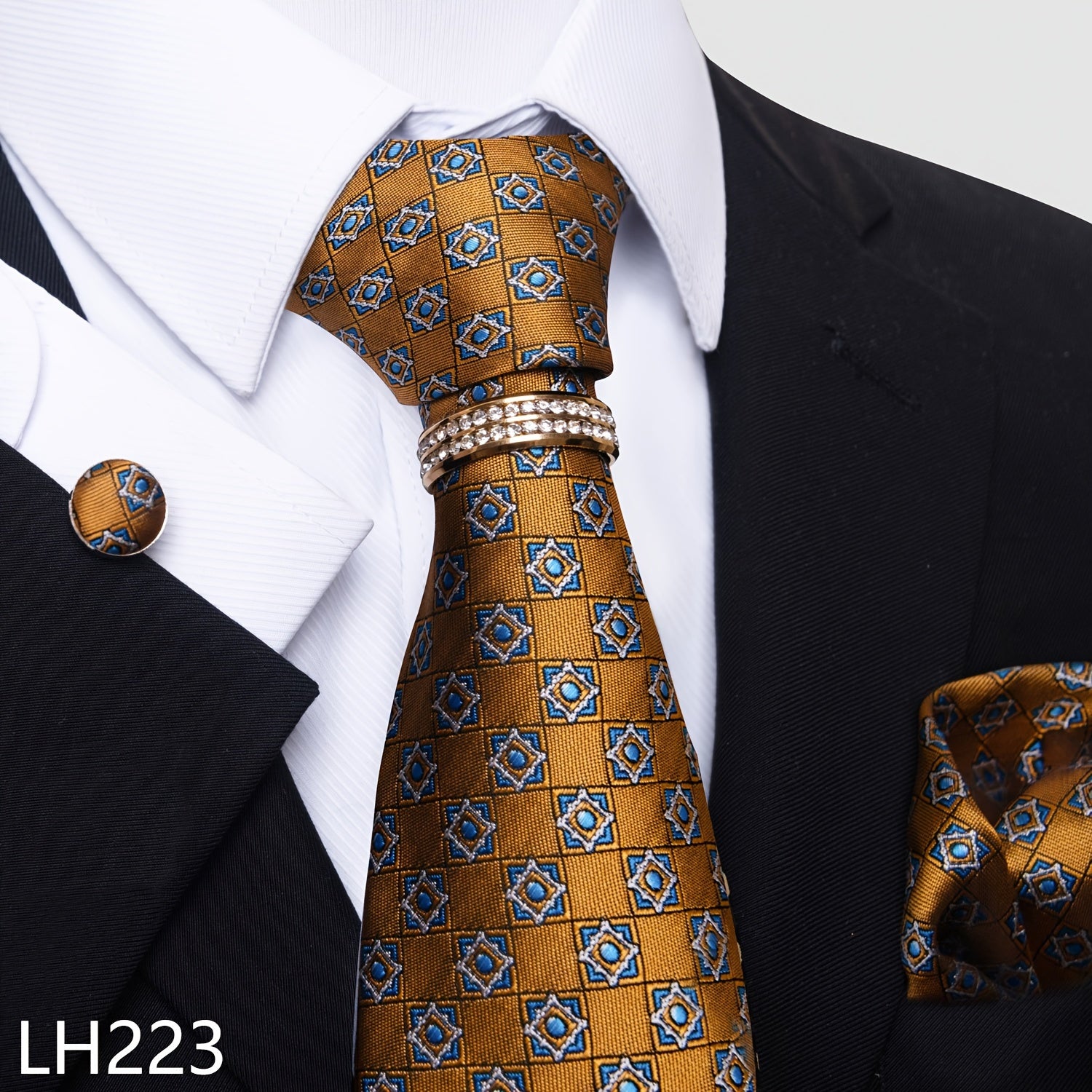 Erkaklar uchun rasmiy ish va to'y kiyimlari to'plami, chiziqli gul naqshli galstuk, cho'ntak sharlari, manşetli kalitlar va uzuk bilan