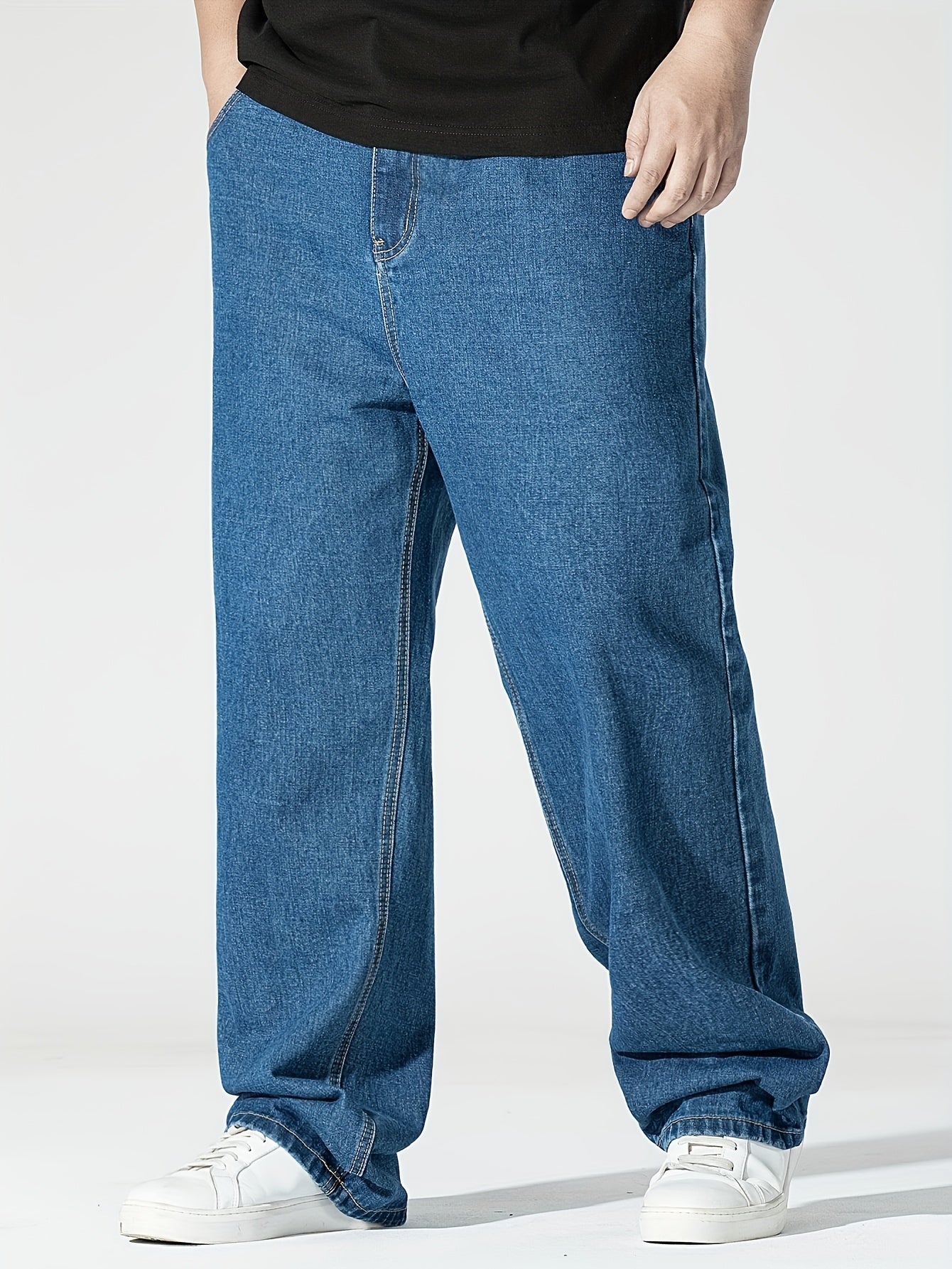 Men's Plus Size Elastic Waist Denim Jeans with Pockets Casual Woven Cotton Trousers