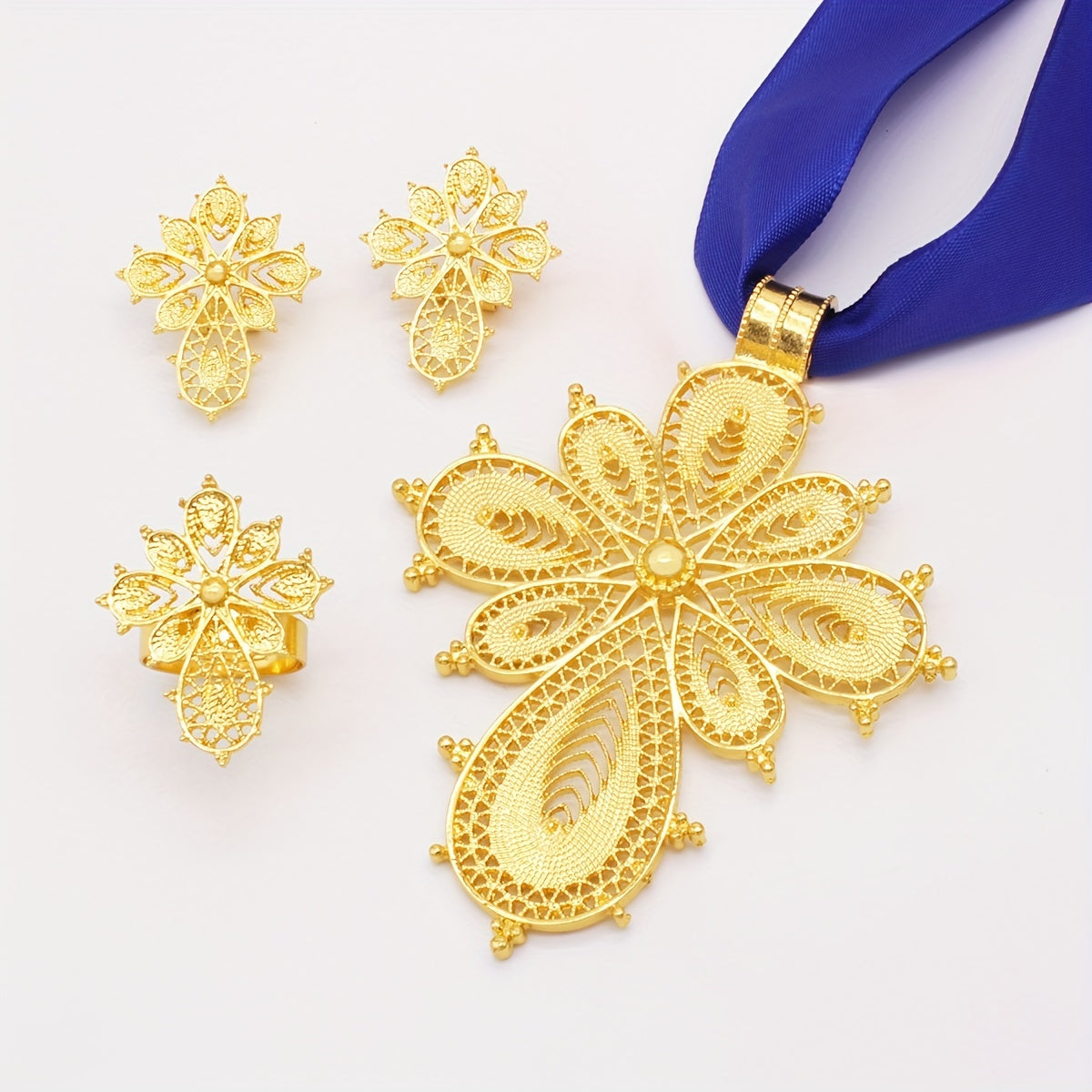 Gold Plated Jewelry Set with Earrings Necklace and Ring for Evening Parties