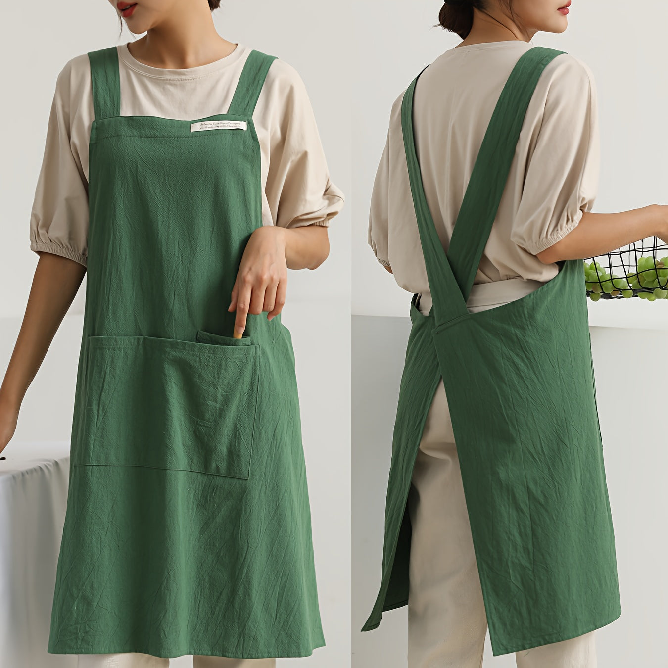 Linen Apron with Cross Straps and Pockets for Gardening Cooking Baking Painting