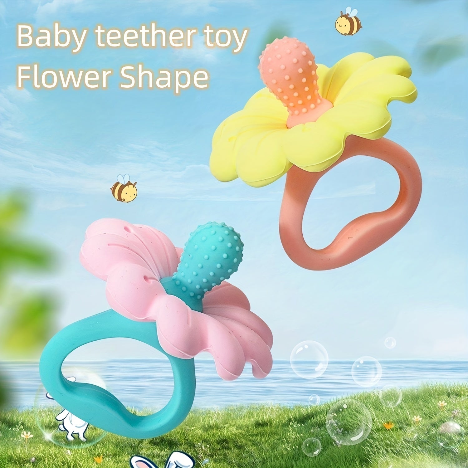 Silicone Teething Toy for Babies Soft and Safe Chewable Teether in Pink Blue Yellow