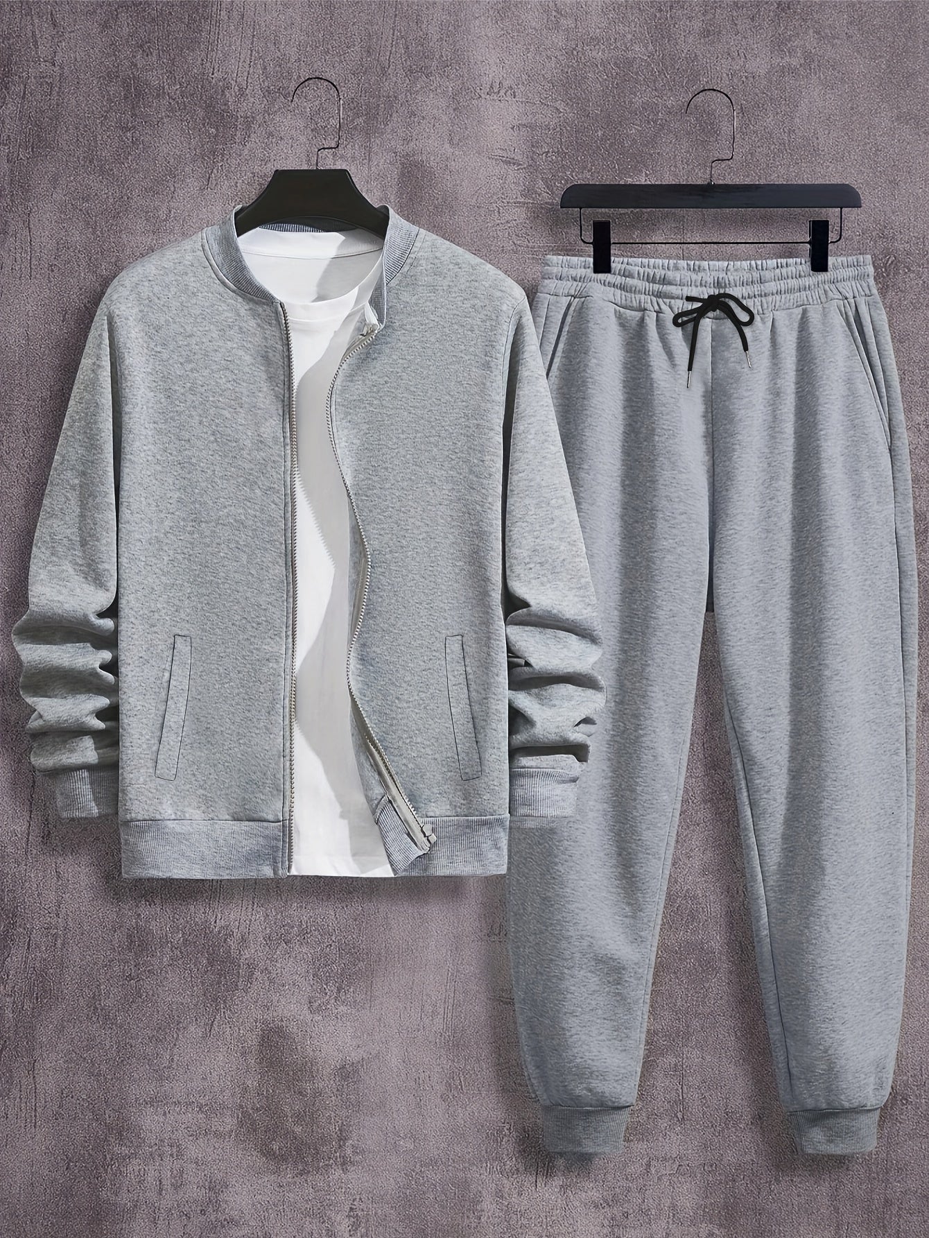 Men's Polyester Sweatsuit Set with Baseball Collar Long Sleeve Solid Color Fall Winter
