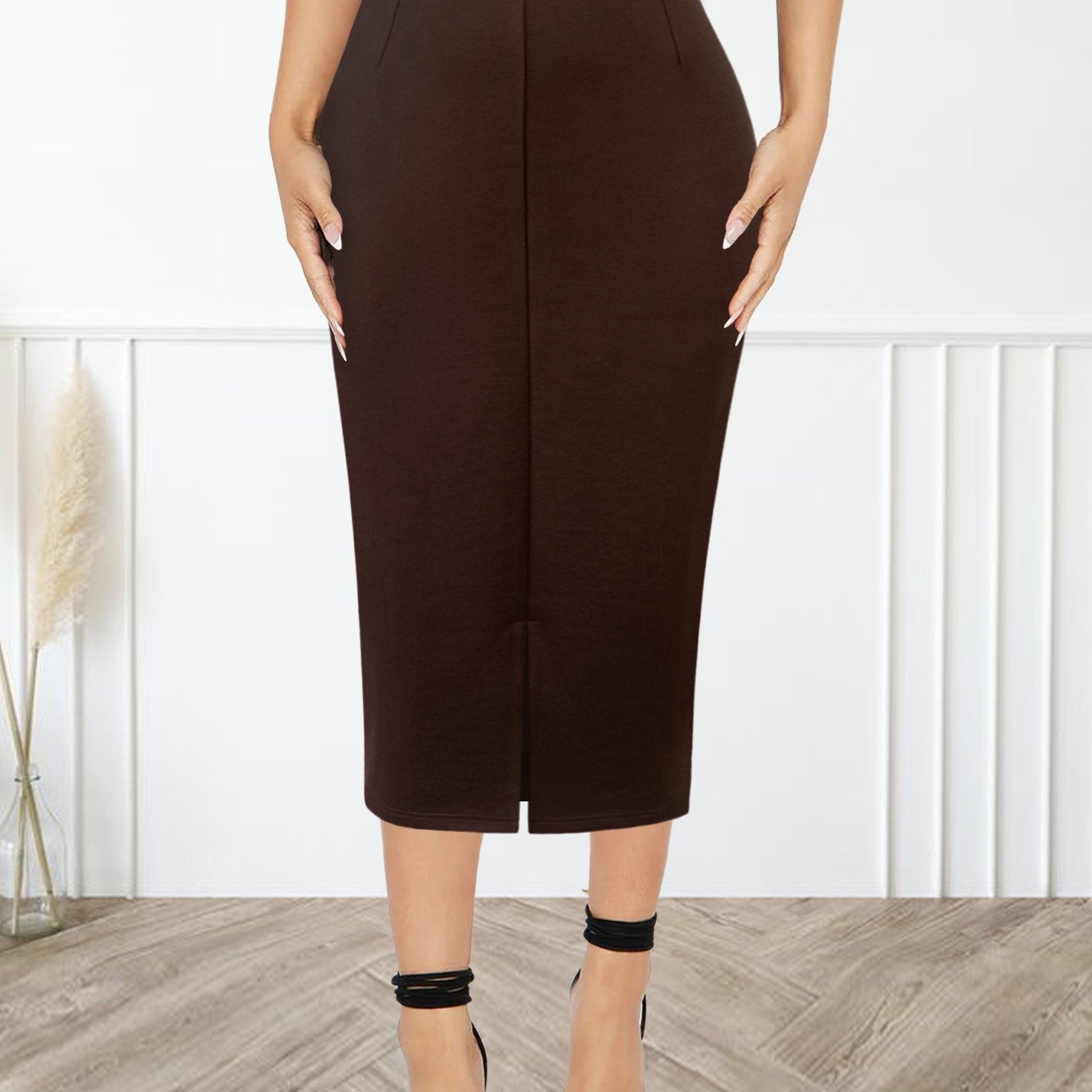 Women's Black Midi Skirt with High Waist and Side Slit Stretchy Rayon Blend for Spring Summer