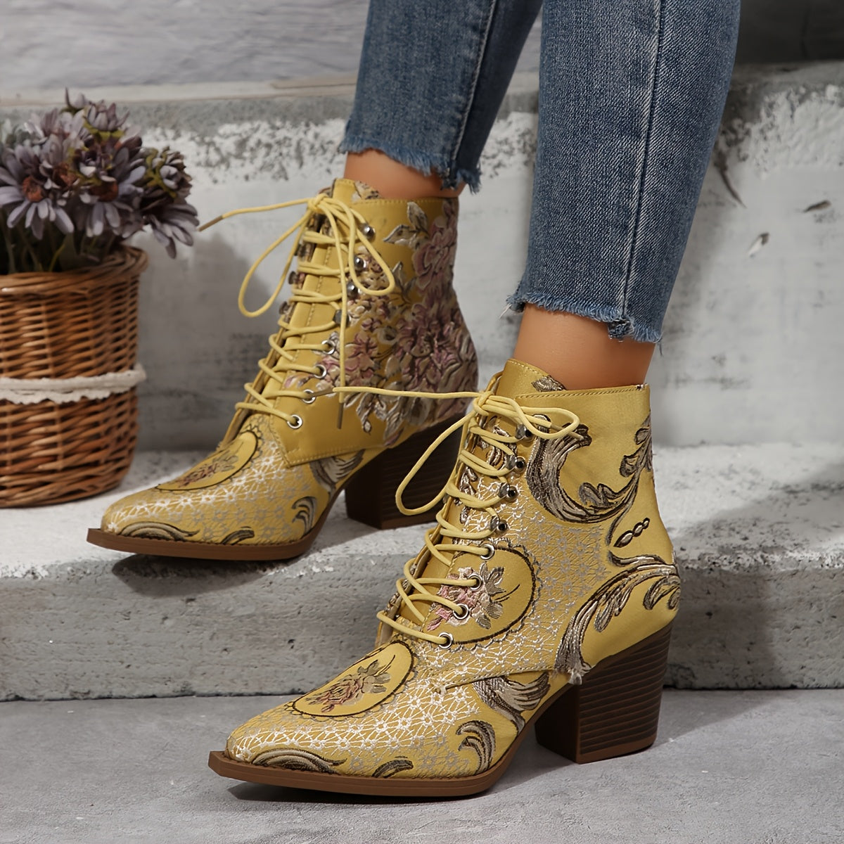 Women's Floral Embroidered Ankle Booties Leather High Heel Lace-Up