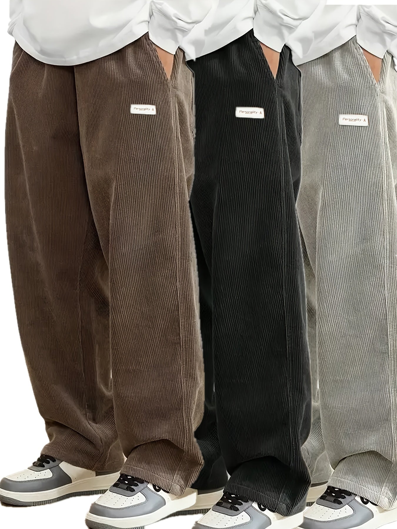 Men's Corduroy Pants Set 3 Pieces Fall Winter Loose Fit Straight Leg Polyester Alphabet Details