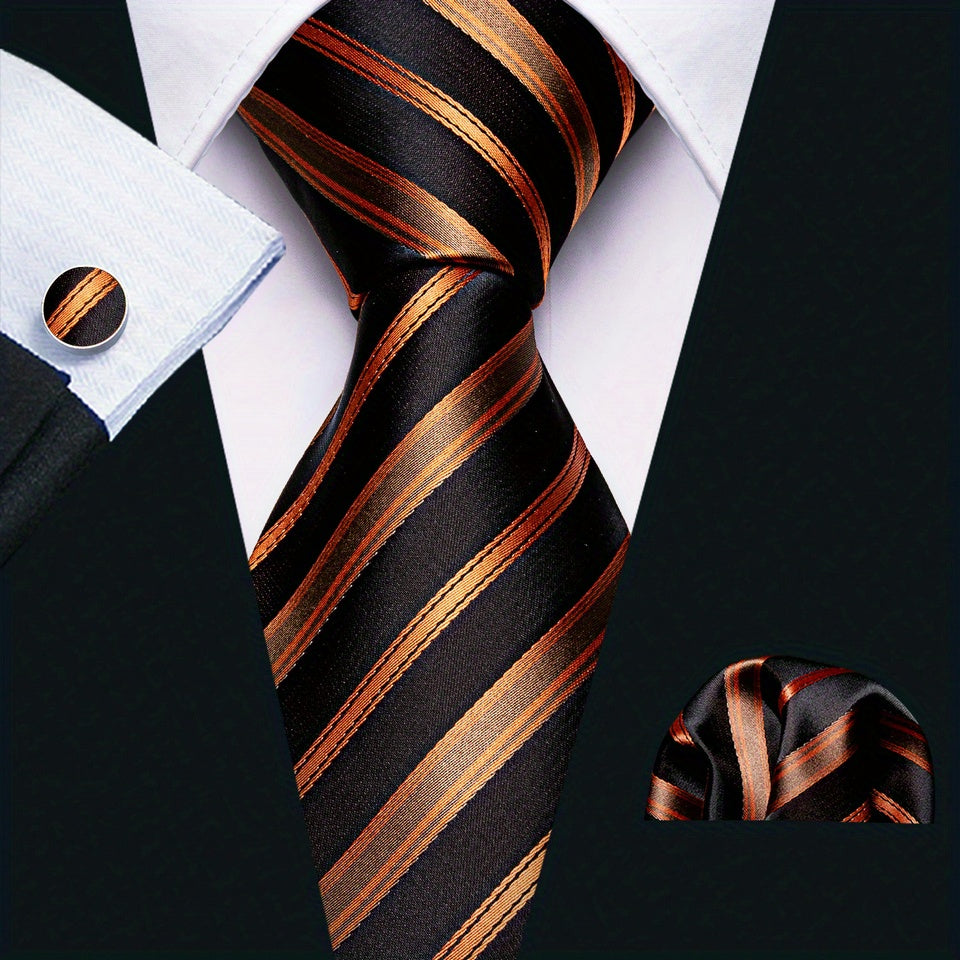 Men's Classic Striped Tie Set with Matching Handkerchief and Cufflinks for Formal and Casual Wear