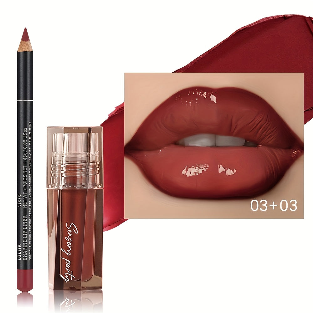 Women Lip Gloss and Lip Liner Set Dewy Finish Brown Long-Lasting Matte