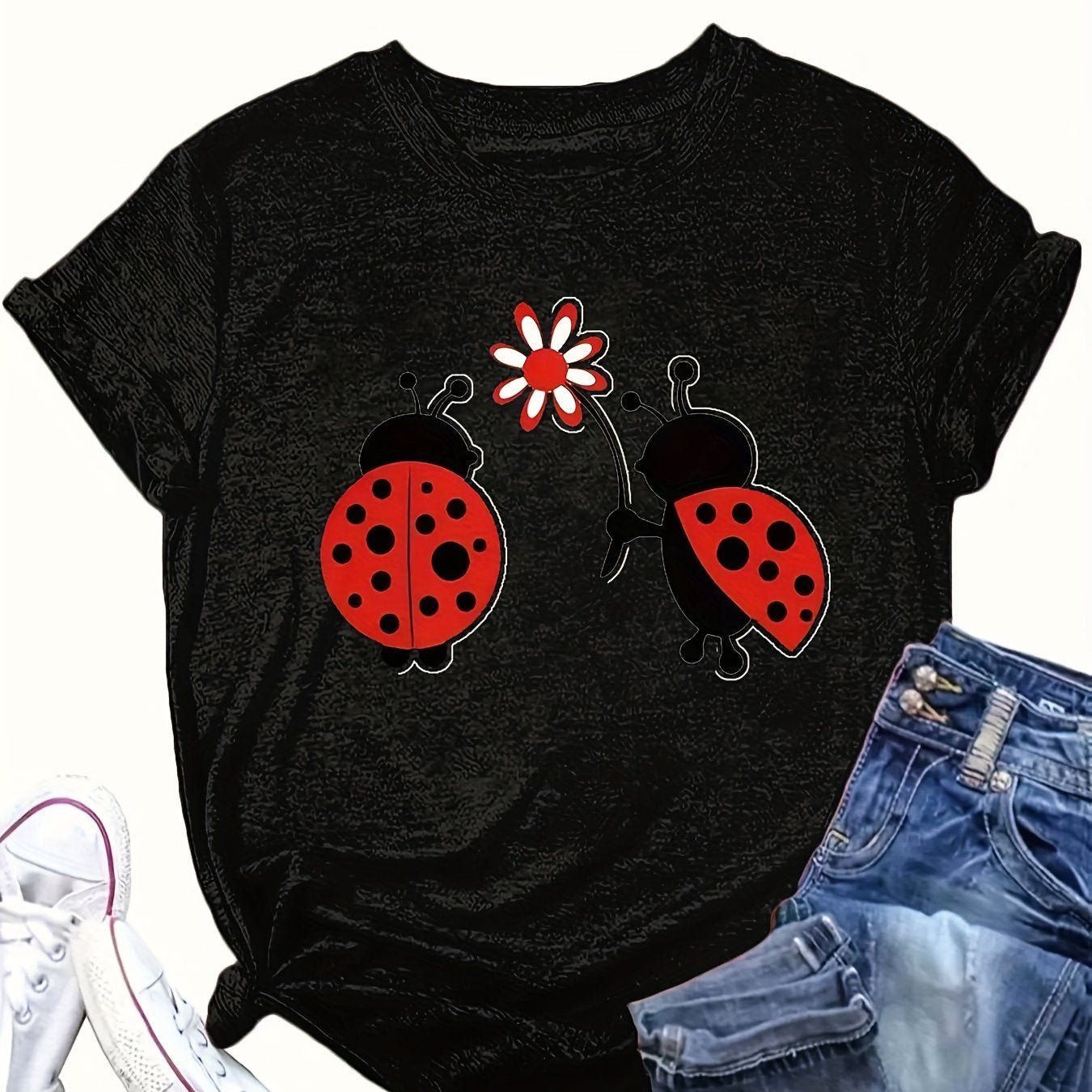 Women’s Plus Size Ladybug Print T-Shirt Casual Crew Neck Knit Top