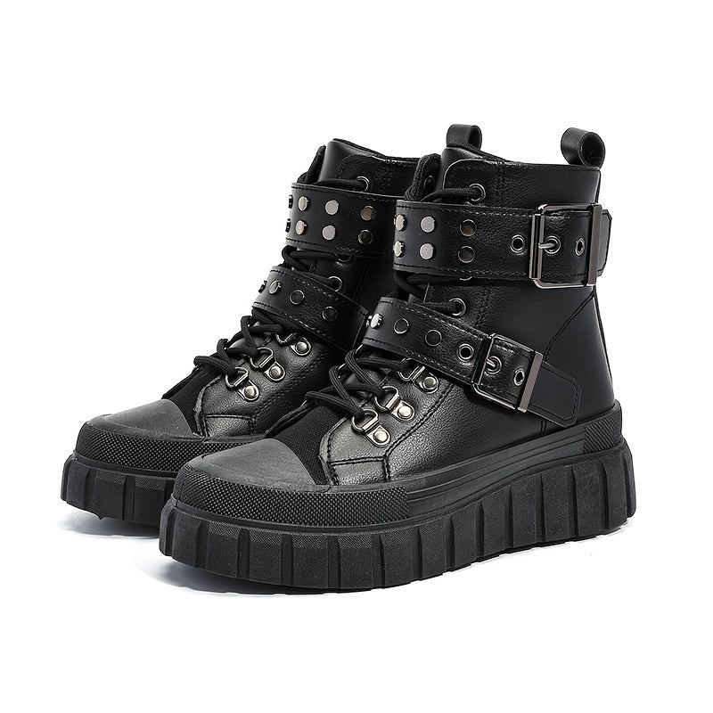Women Black Motorcycle Boots Metal Buckles Flat Sole All-Season