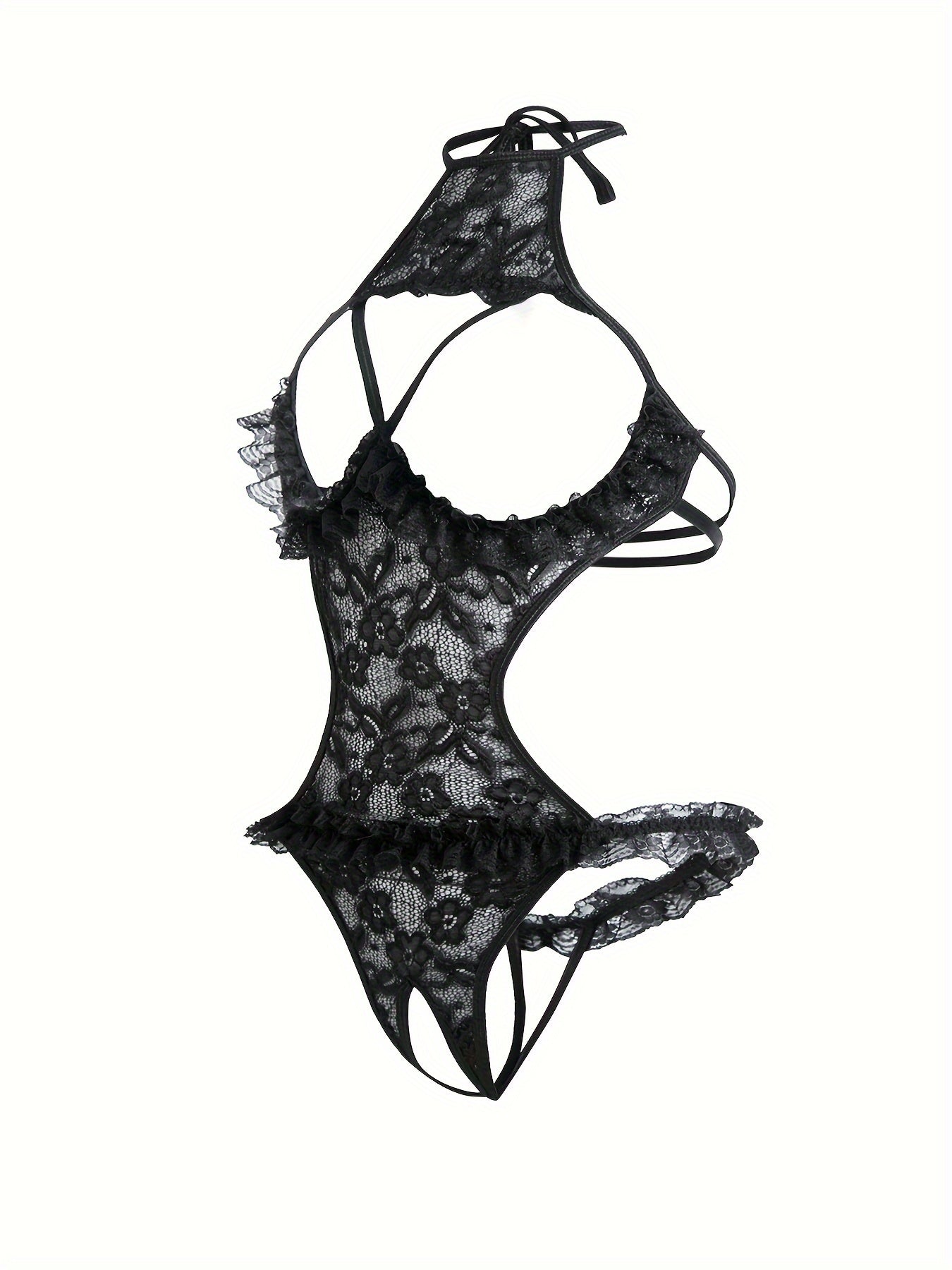 Ayollar uchun zamonaviy dantel bodysuit, asimmetrik dizayn va to'qilgan mato tafsilotlari bilan. Yaqin kiyim uchun mukammal.