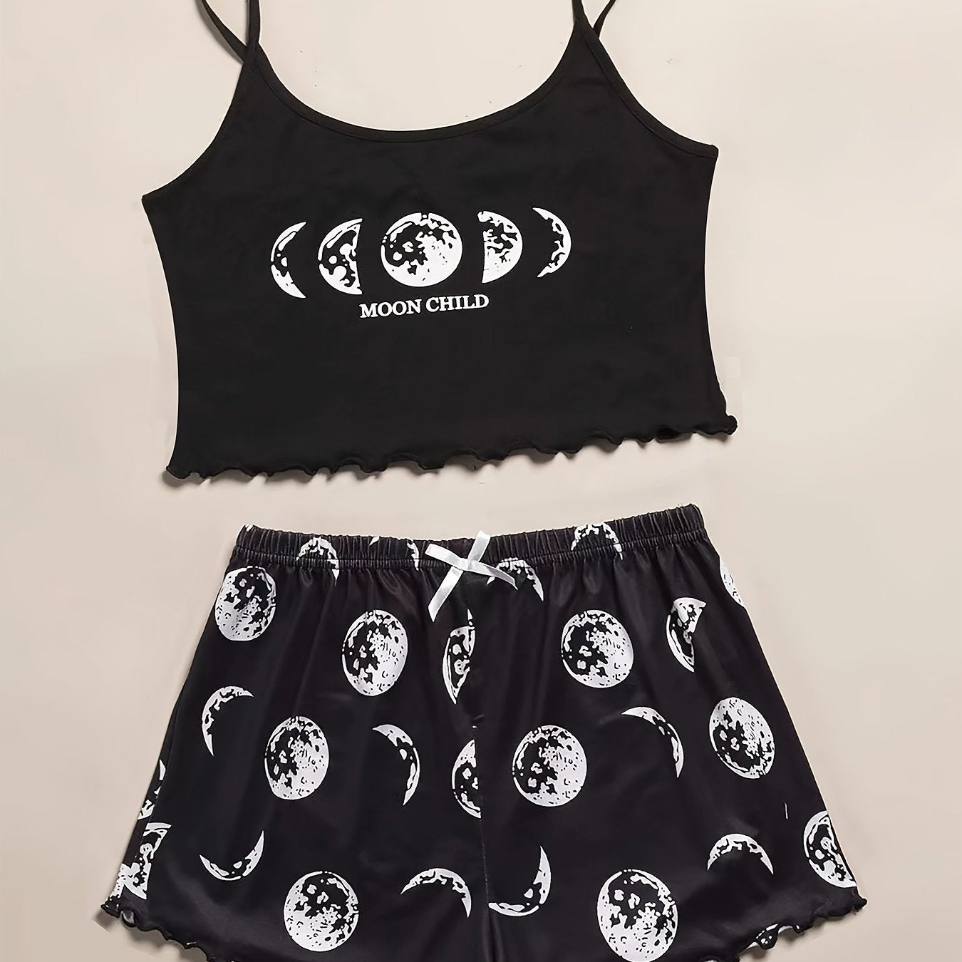 Women's Pajama Set with Moon and Galaxy Print Polyester Micro Elasticity Lettuce Trim Spaghetti Strap All Season