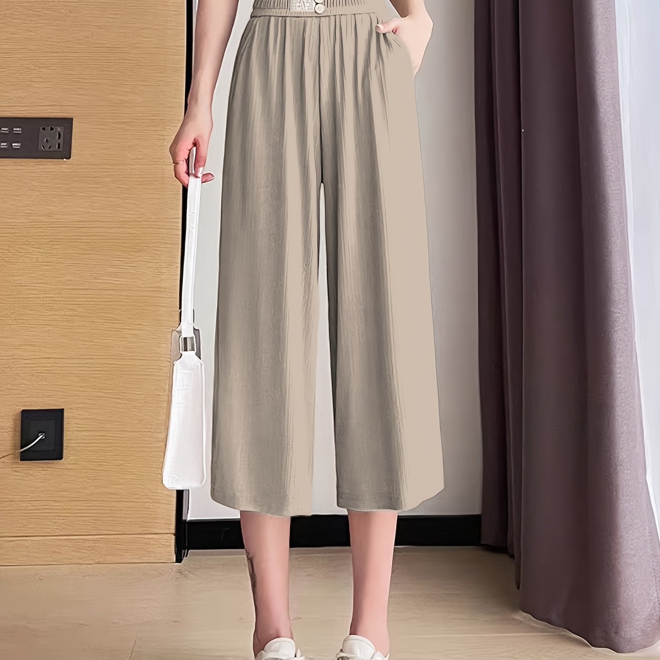 Women's Stretchy Wide-Leg Capri Pants Lightweight Ice Silky Fabric Black