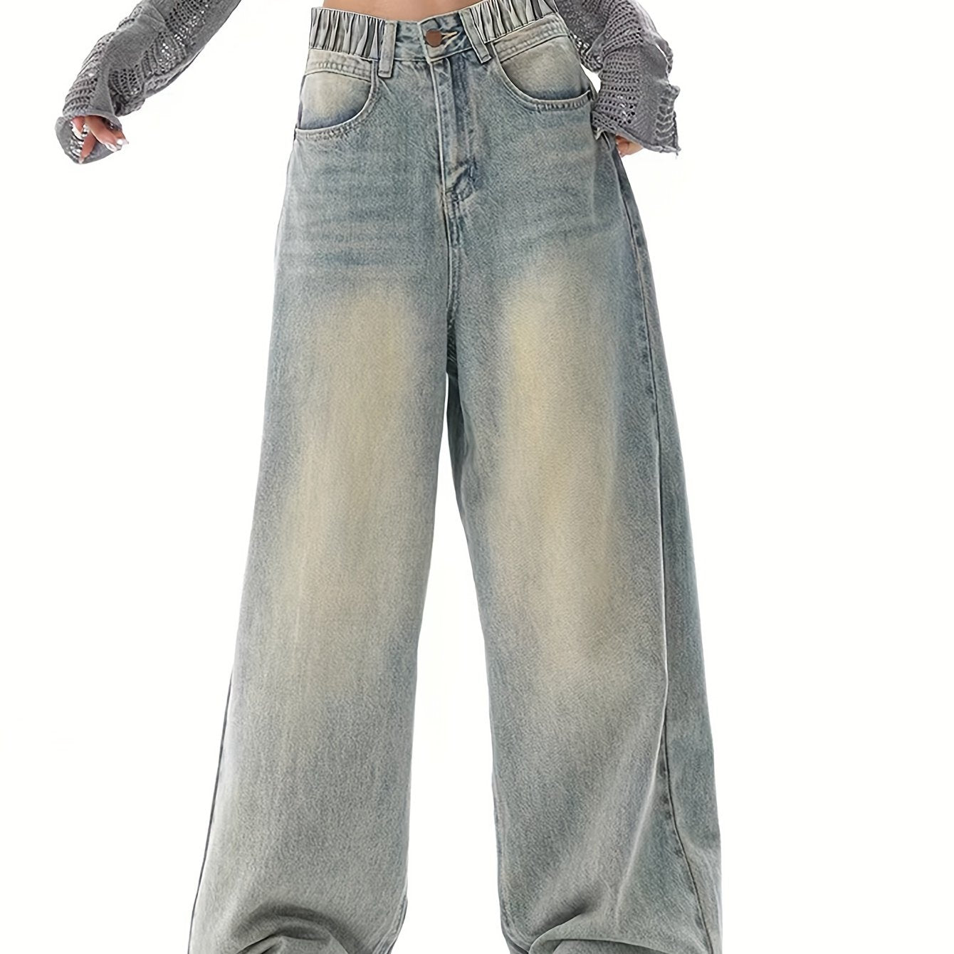 Teen Girls Wide Leg Denim Jeans Grey Vintage Wash Elastic Waist All-Season Casual