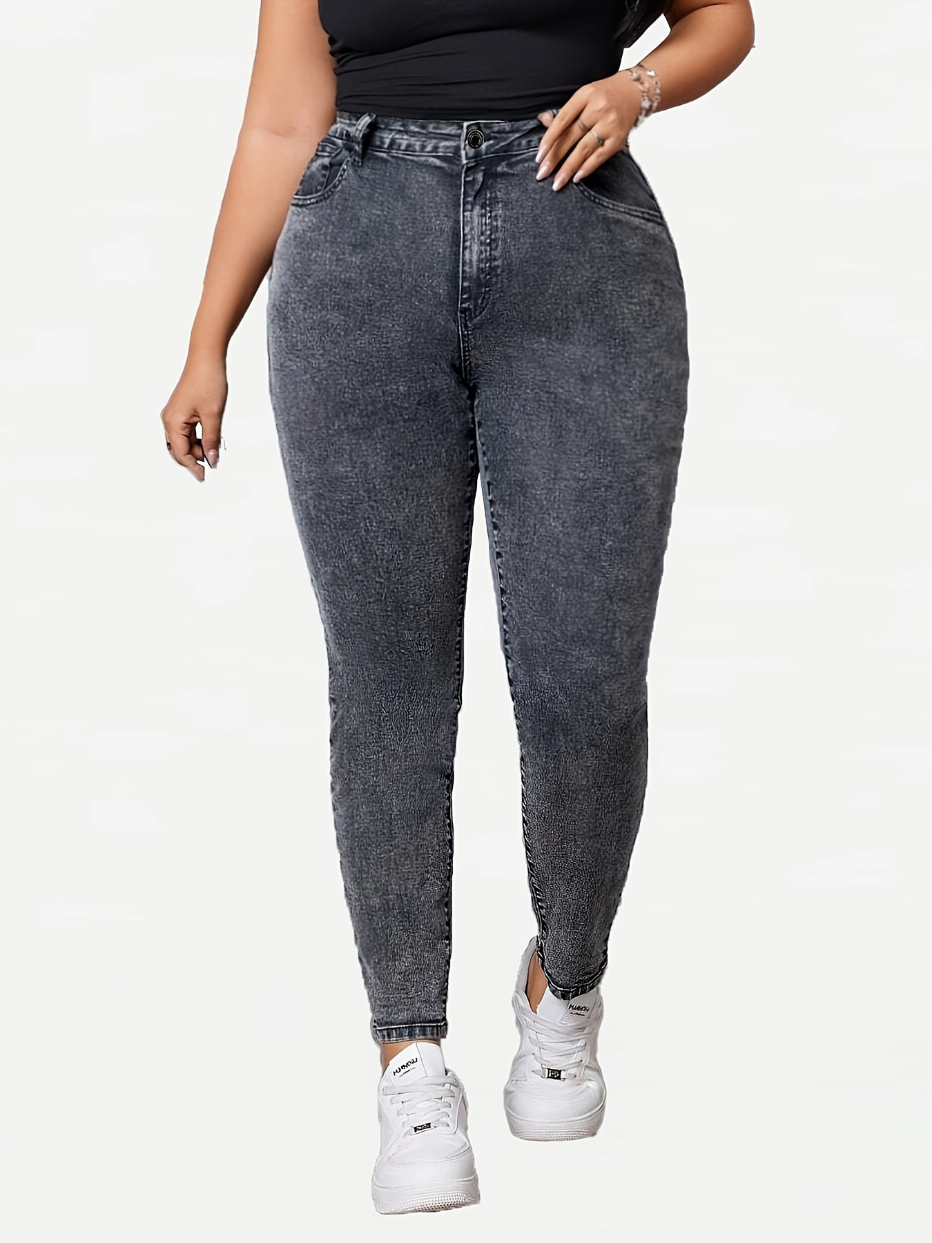 Plus-Size High-Waisted Skinny Jeans Heather Gray Woven Denim Distressed