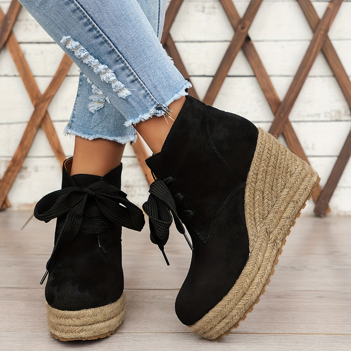 Women's Casual Lace-Up Ankle Boots with Woven Jute Platform Heel