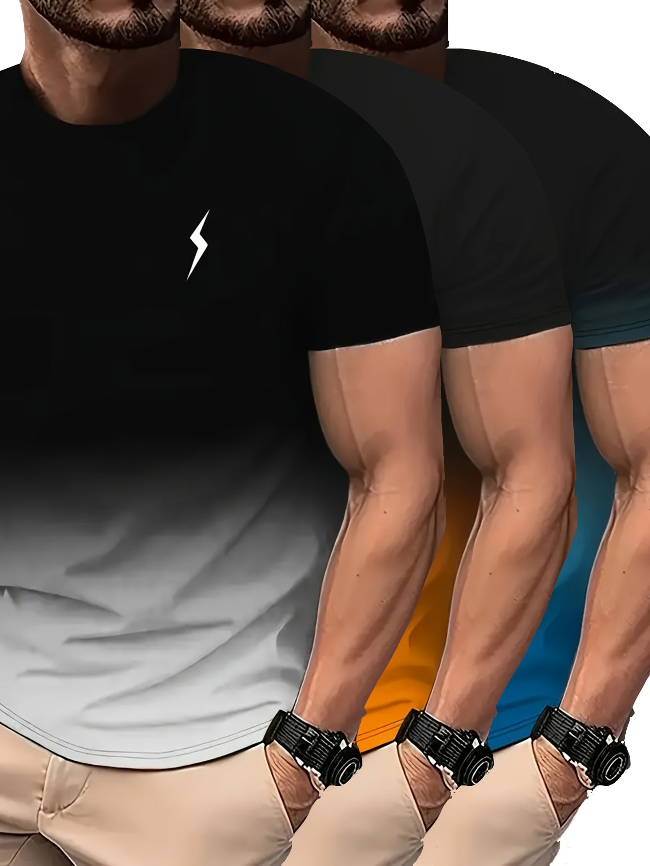 Men's 3-Pack Gradient 3D Printed Quick-Dry Polyester T-Shirts for Sports and Fitness