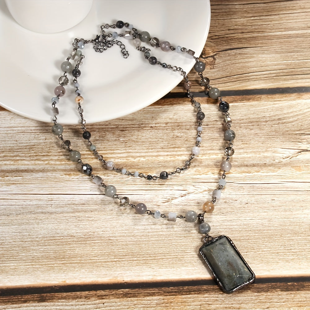 Layered Stone Necklace for Women Boho 2-Tier Natural Gemstones Glass Beads Black Chain