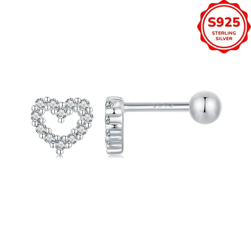 Sterling Silver Heart-Shaped Stud Earrings with Cubic Zirconia for Women