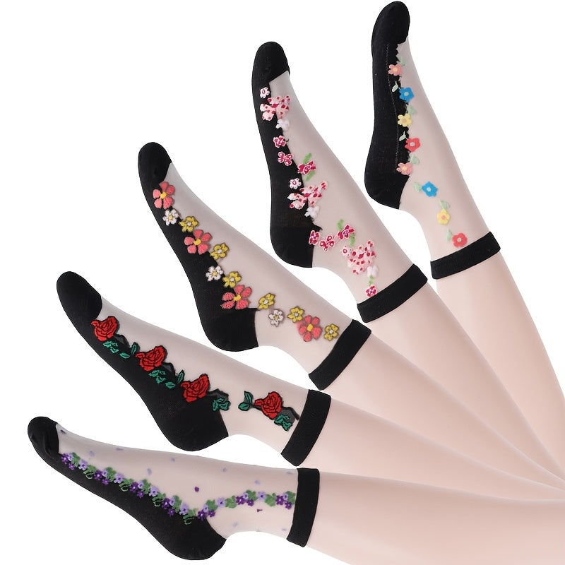 Women's Mesh Short Socks 5 Pairs Floral Pattern Breathable Lightweight Black Multicolor