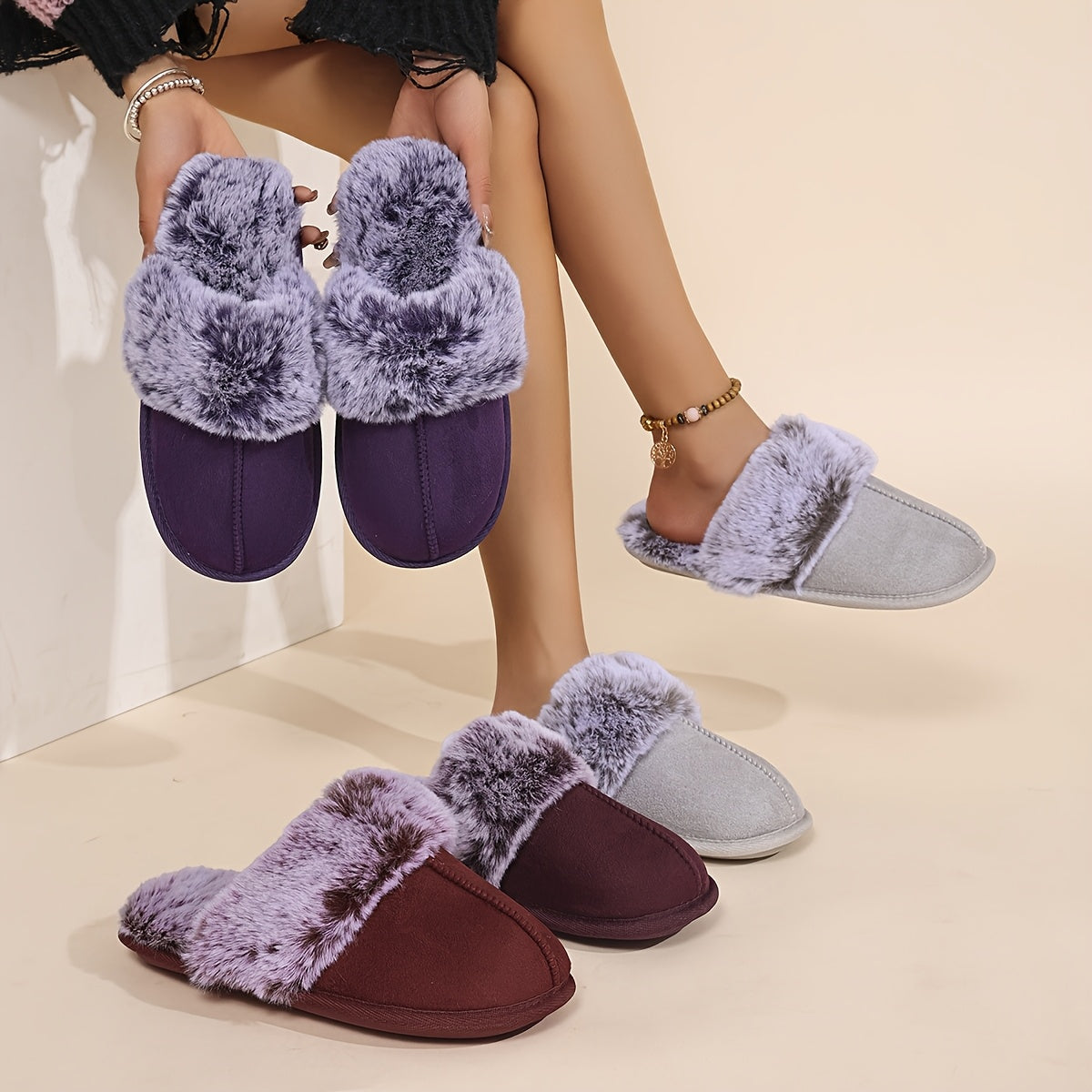 Women's Plush Lined Slippers with Glittery Gold Sole Indoor House Shoes