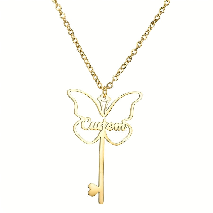 Gold Plated Butterfly Key Pendant Necklace Personalized Name Jewelry for Women