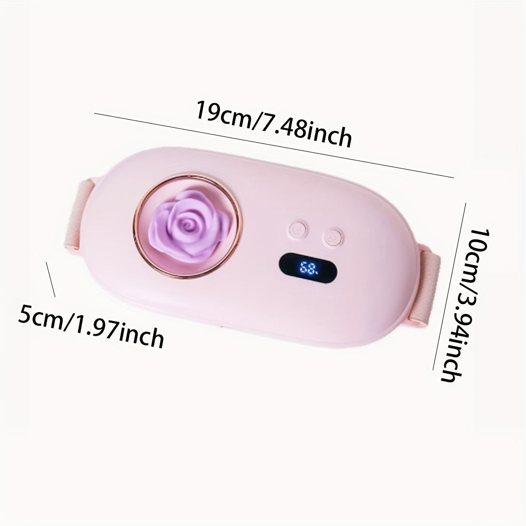 USB orqali zaryadlanadigan bel va qorin massaj qilish kamar, issiq siqish bilan, ixcham dizayn. Qizil rangda, binafsha atirgul naqshi bilan. Menstrual og'riqlarni kamaytirish uchun ideal sovg'a. Namni so'rib oladigan mato bilan qulay kiyish.