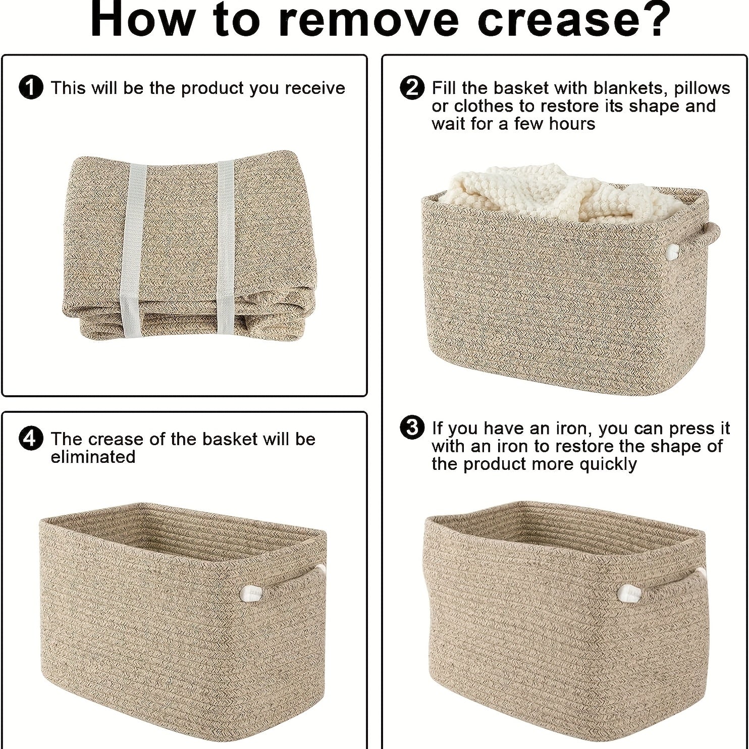 Bu ko‘p funksiyali to‘qilgan saqlash savati, o‘lchami 37.59cm x 24.89cm x 22.35cm, hammom sochiqlari, o‘yinchoqlar, bolalar uchun zarur buyumlar va kir yuvish uchun ideal. Uning ko‘p qirrali dizayni uni to‘qilgan saqlash savati, javon, kub yoki