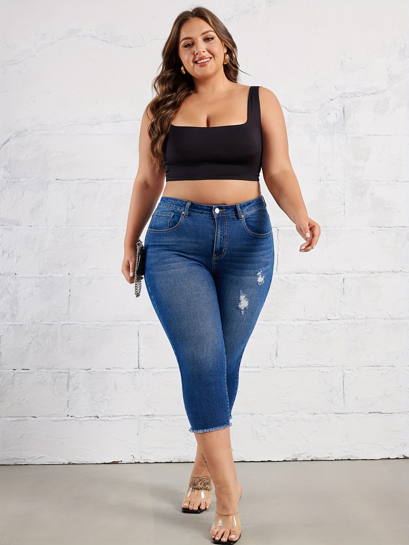 Women's Elastic Mid-Blue High Waist Fringed Jeans Seven-Eighths