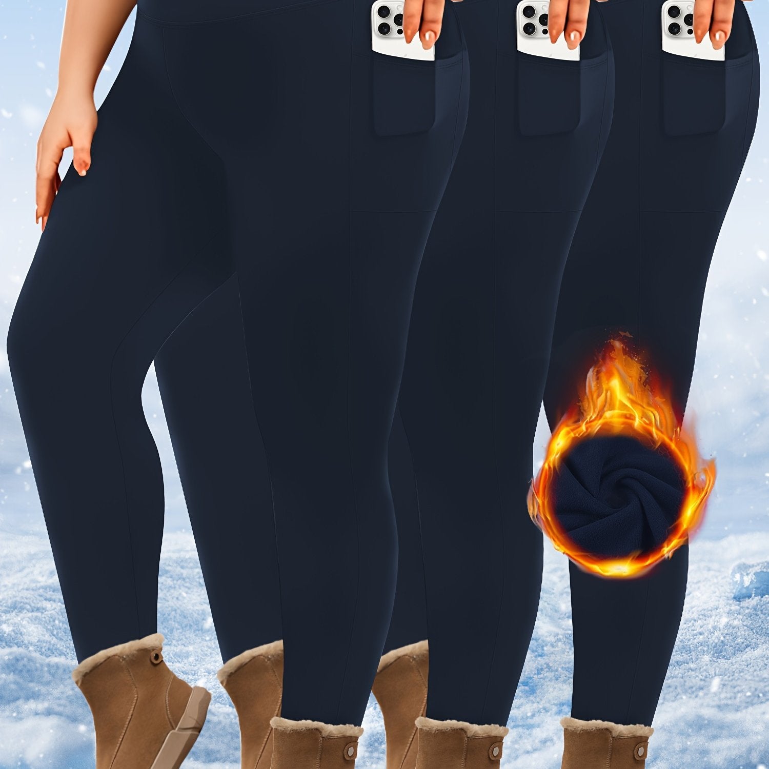 Plus Size High-Waist Fleece-Lined Leggings with Pockets for AutumnWinter Black Gray Burgundy