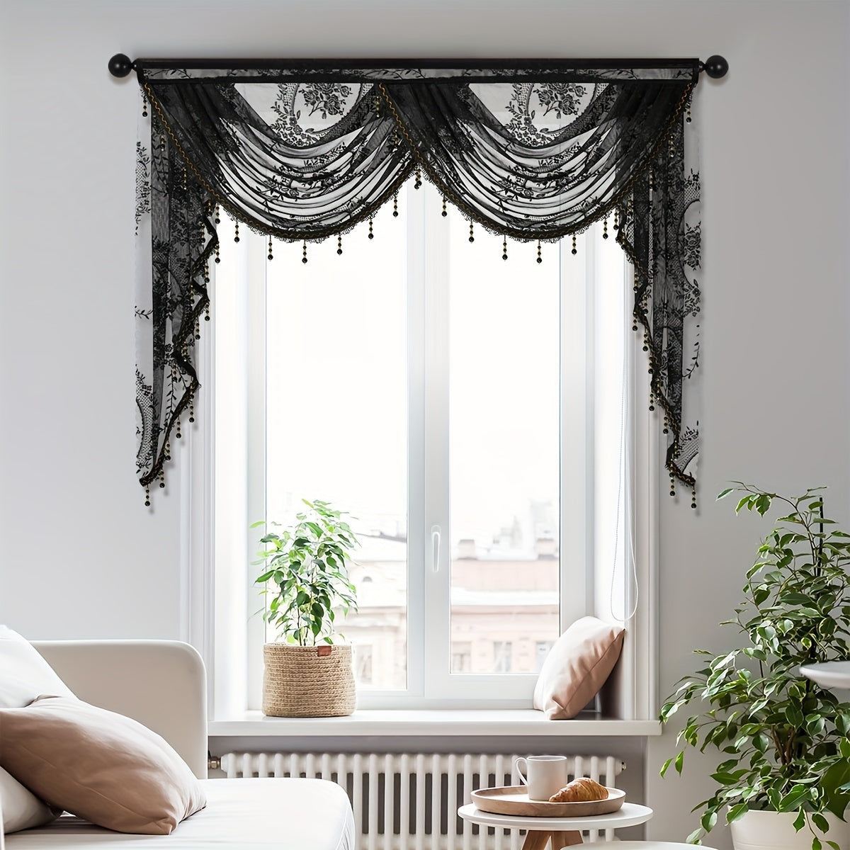 European Style Wave Curtain with Black Lace Valance and Flower Pattern for Living Room Windows