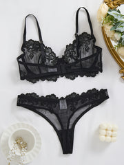 Floral Embroidered Lingerie Set for Women Medium Support Underwire Bra and Briefs