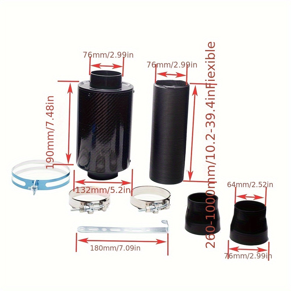 Kit de caja de filtro de aire de fibra de carbono universal para carreras, sistema de admisión de alimentación en frío de 76mm
