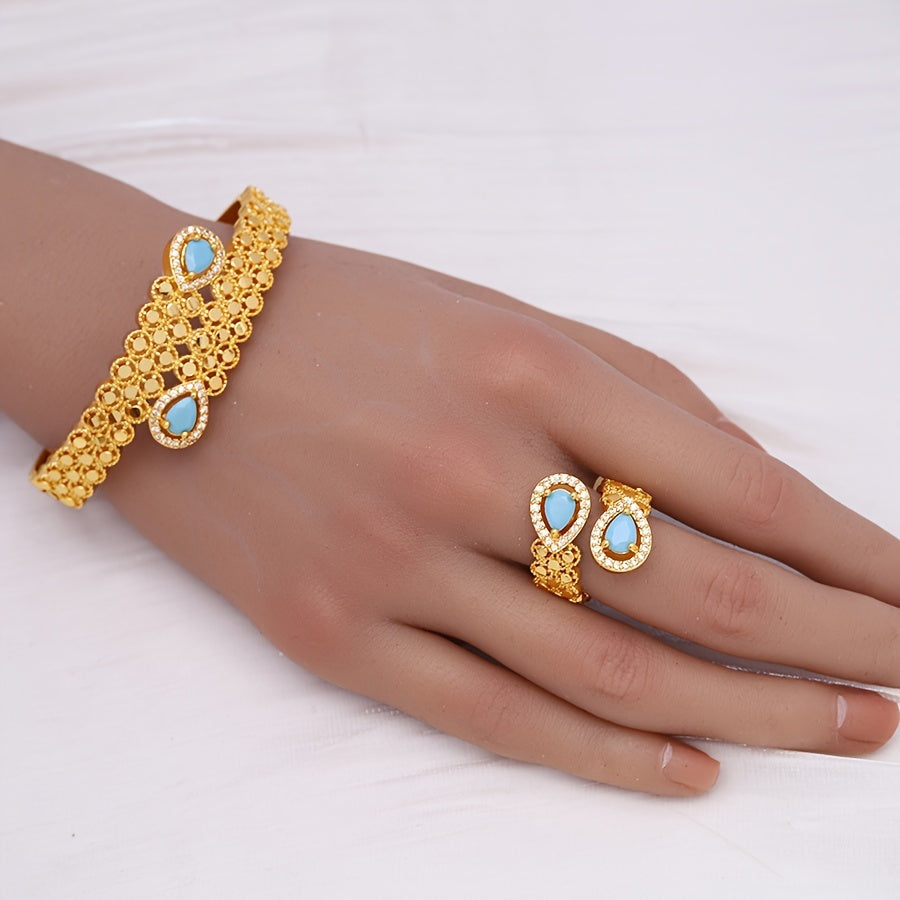 Women’s Bohemian Jewelry Set with Turquoise Copper Bracelet and Ring for Summer Gift
