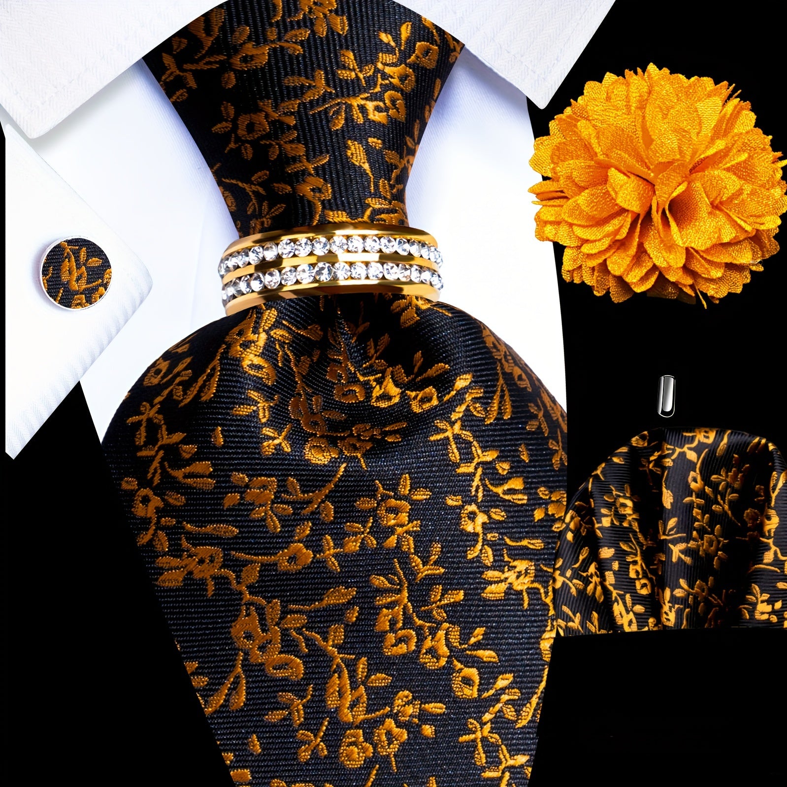 Men's Formal Tie Set with Pocket Square Cufflinks Tie Clip Lapel Pin and Ring for Weddings and Occasions