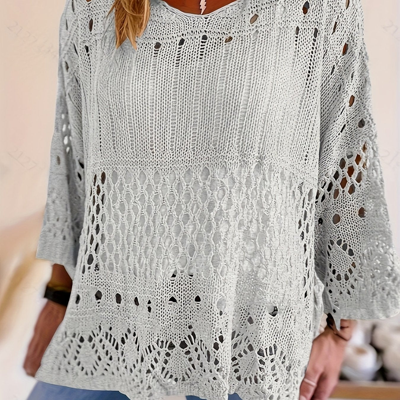 Plus Size Oversized Knitwear Layered Top with Sun Protection and Cut-Out Design