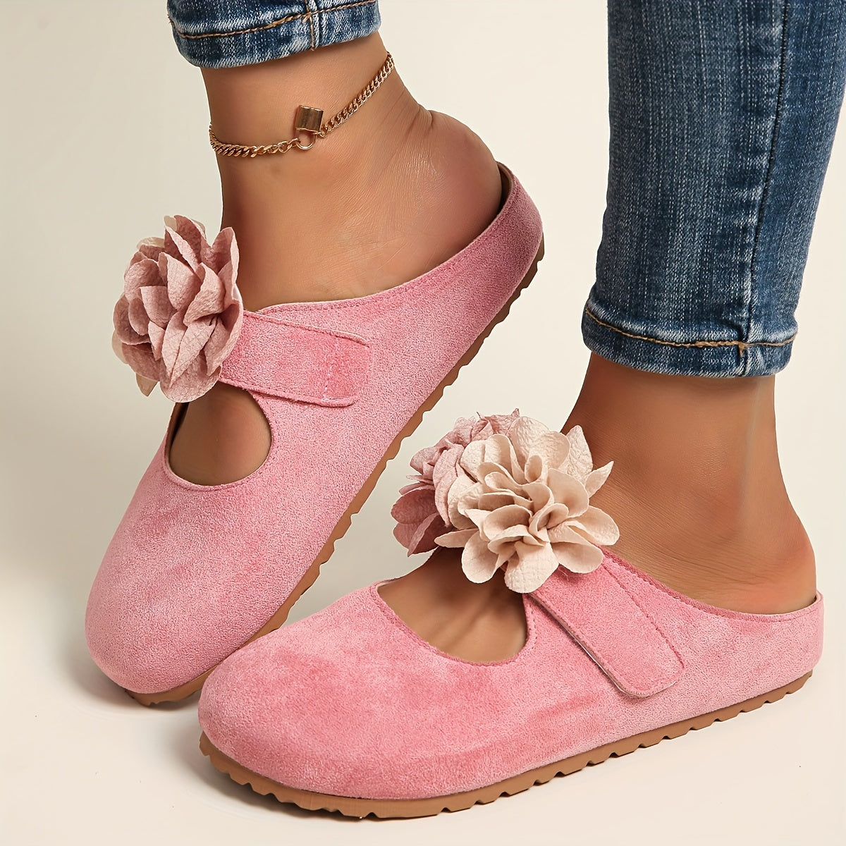 Women's Slip-On Mules with Floral Embellishments Soft Fabric Upper All-Season Casual Shoes
