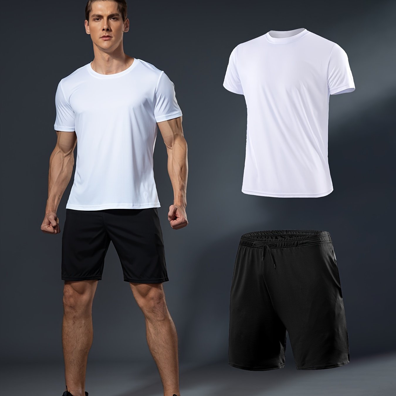 Men's Summer Fitness Set White T-Shirt Black Shorts Lightweight Quick-Dry Breathable Polyester Sportswear
