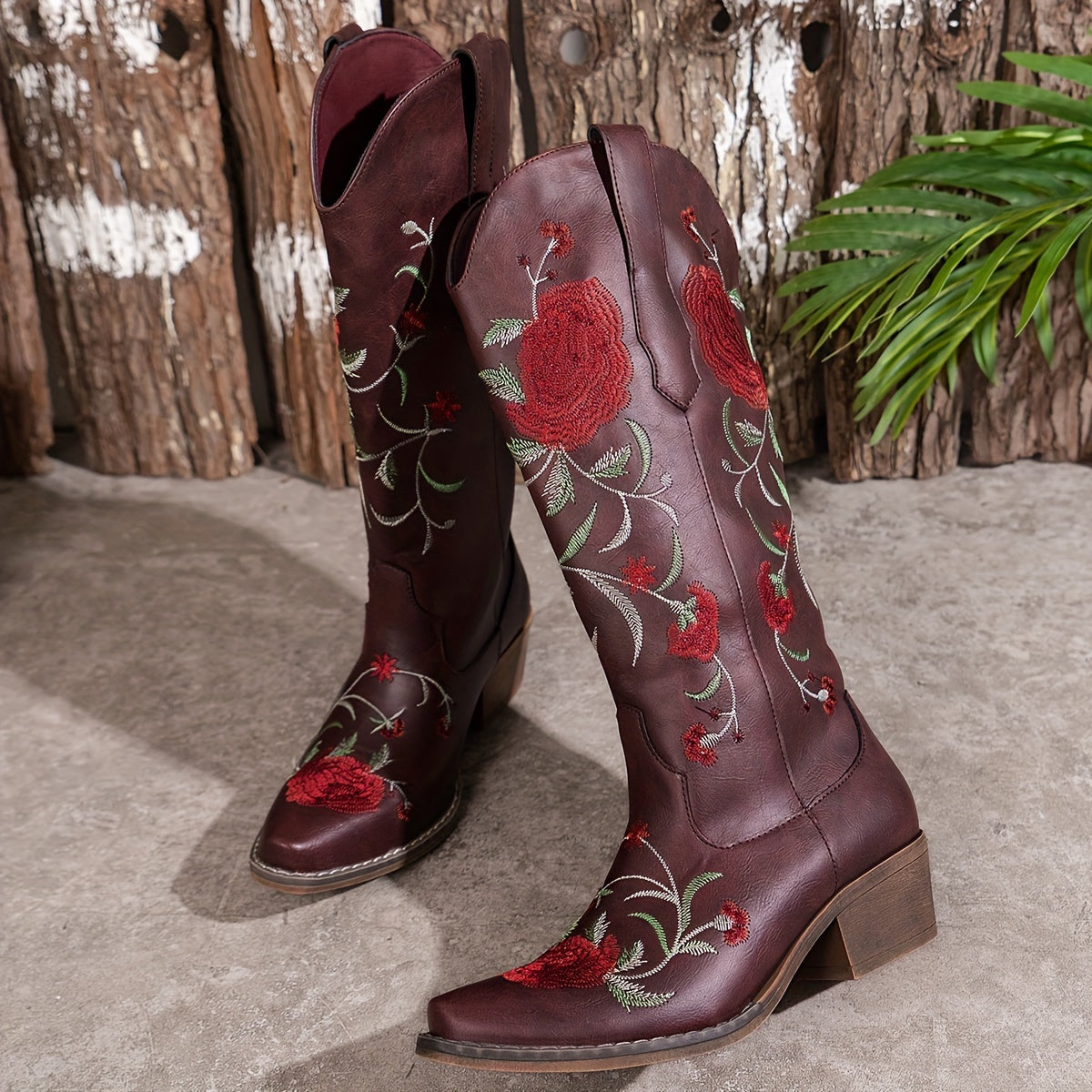 Women's Embroidered Floral Western Cowboy Boots Slip-On Pointed Toe