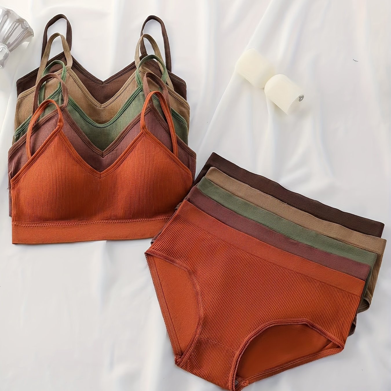 Women’s Ribbed Cotton Lingerie Set with Cami Bra and Panties