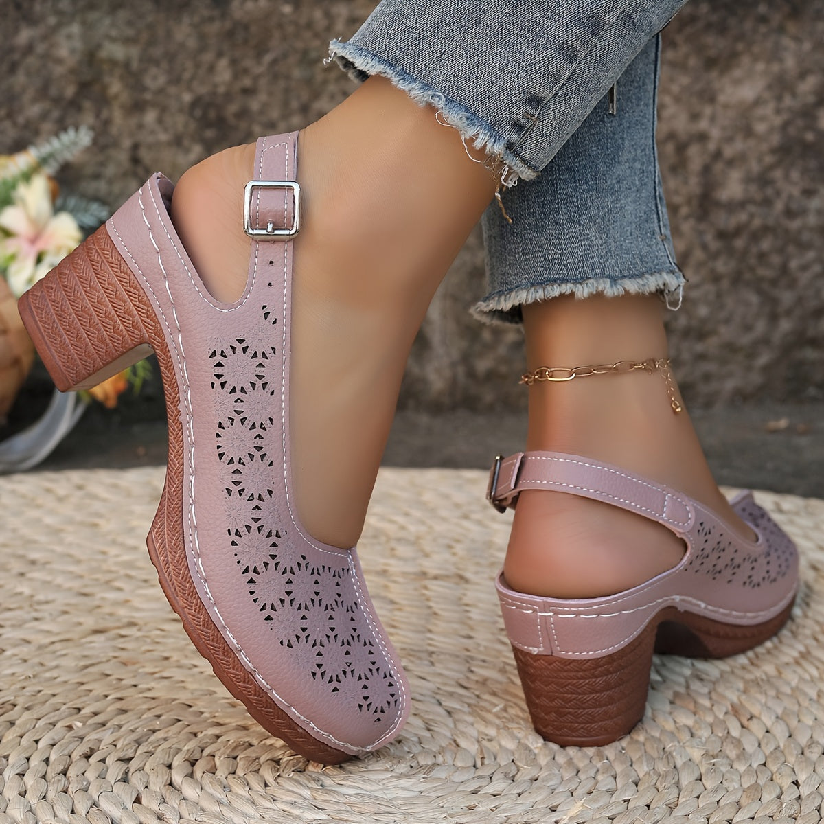 Women's High Heels Leather Closed Toe Strappy Chunky Heel Summer