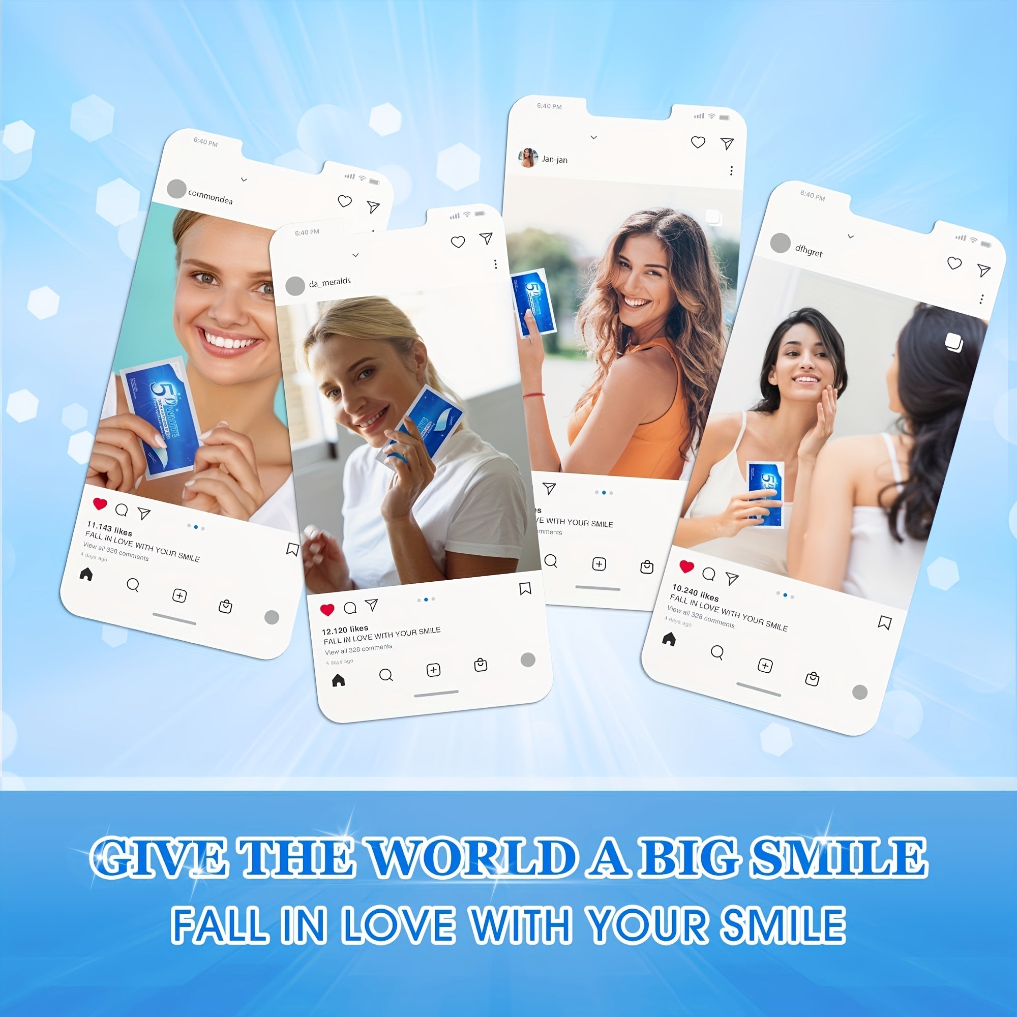 56 штук полосок для отбеливания зубов. Безопасно, эффективно и без чувствительности для быстрого и эффективного осветления.