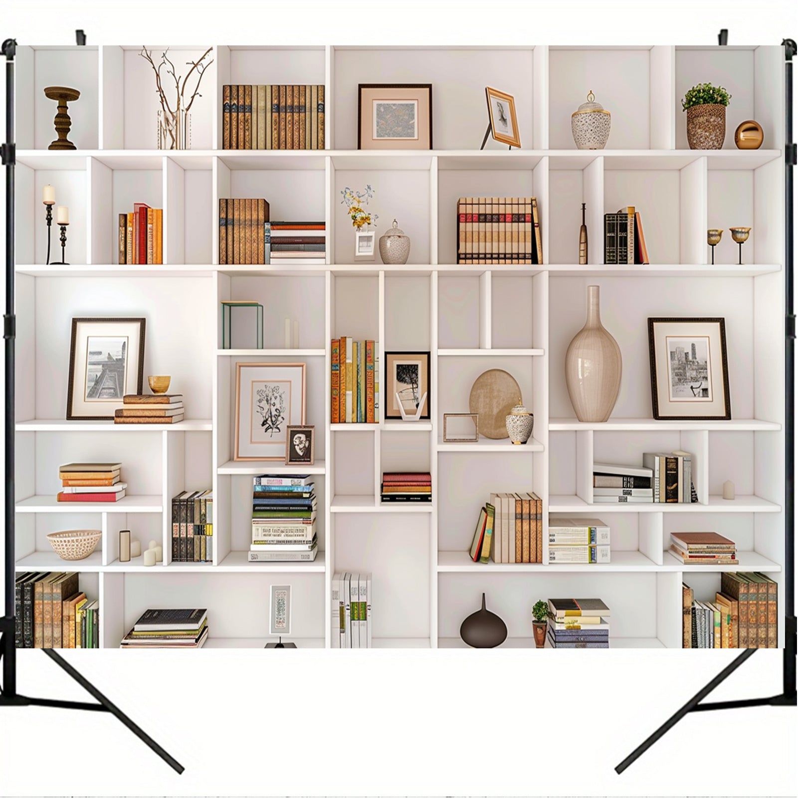 White Bookshelf Backdrop for Office Zoom Calls Parties Polyester No Power