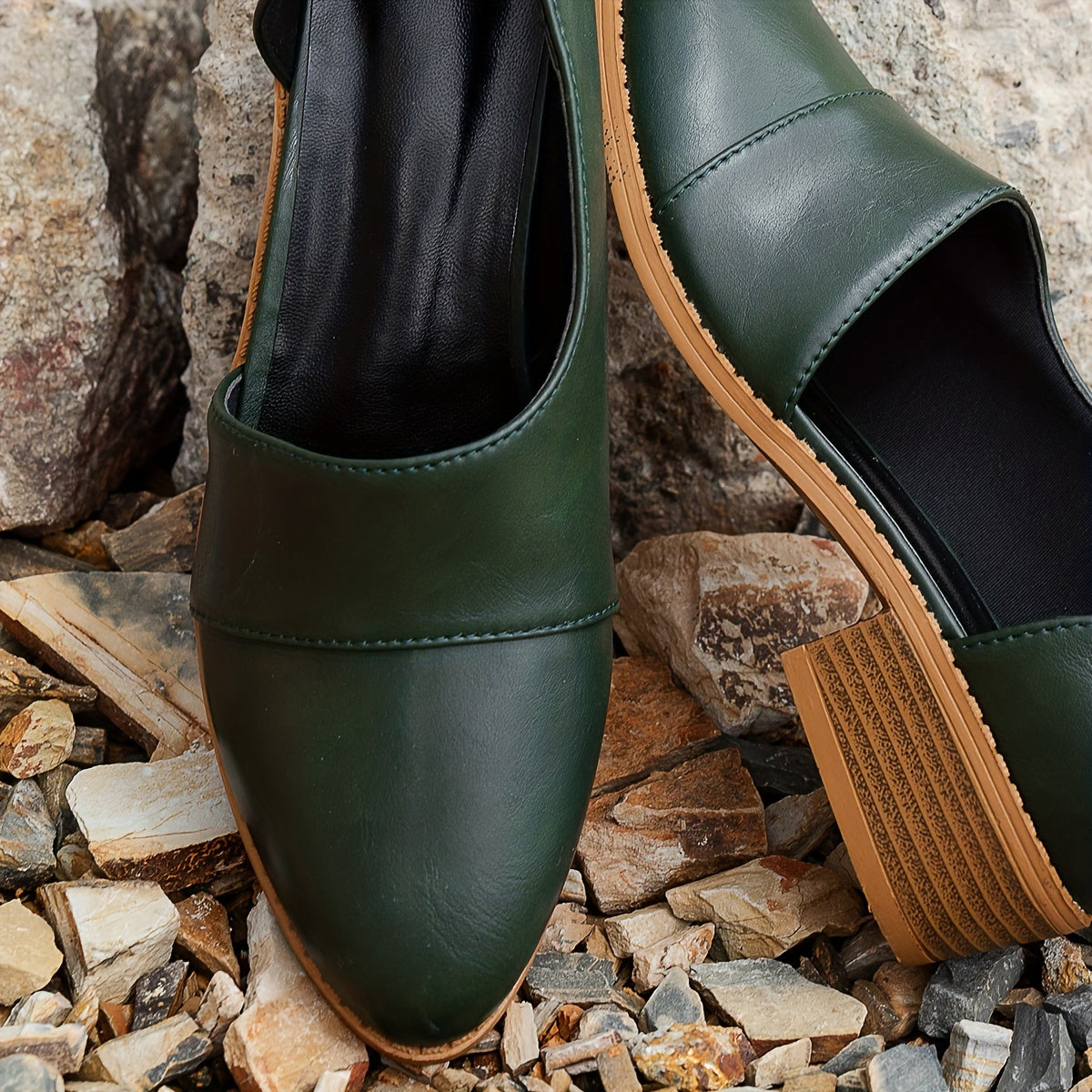 Women's Patchwork Low Heel Pumps with Chunky Heel and Side Cutouts