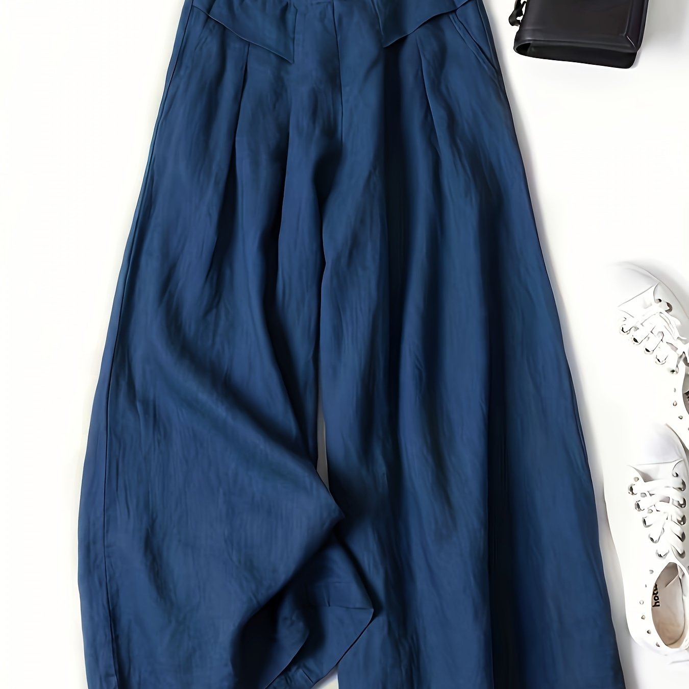 Women Plus Size High-Waist Wide-Leg Pants Blue Pockets Versatile