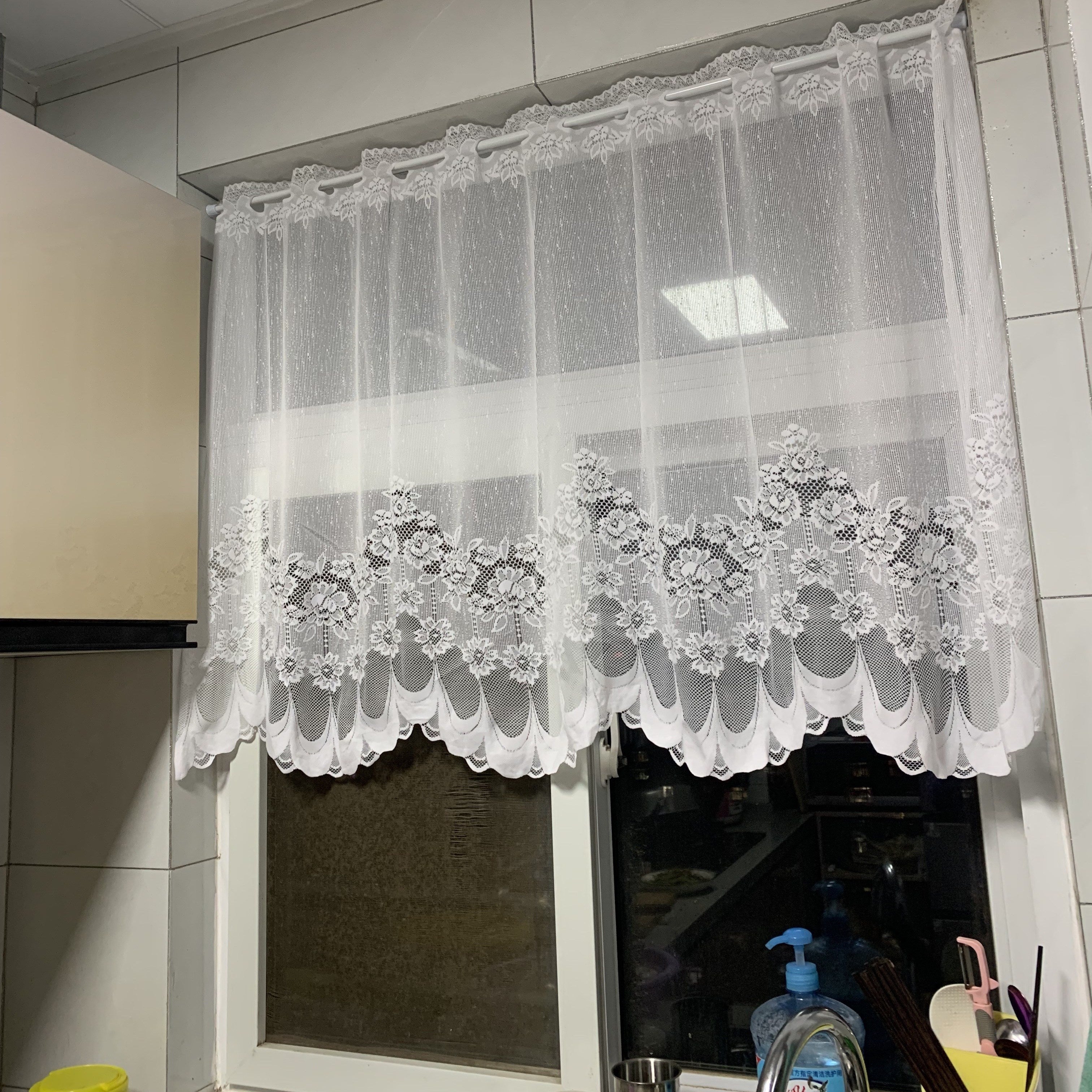 White Lace Sheer Curtain with Floral Pattern, Rod Pocket, Scalloped Bottom