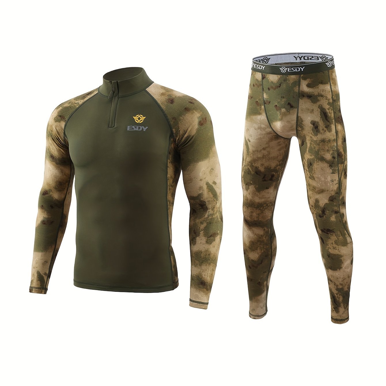 ESDY erkaklar uchun Combat Shirt va Camo Leggings to'plami yuqori cho'ziluvchan tikuv mato bilan zippersi bilan. Tor fit, uzun qo'l, 90% polyester va 10% spandexdan tayyorlangan. Sayohat va ochiq havoda foydalanish uchun ideal.