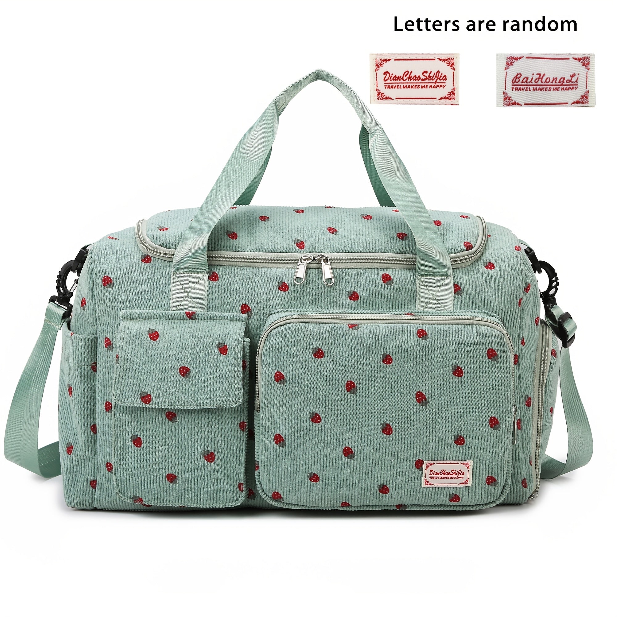 Corduroy Travel Bag with Strawberry Print Wet and Dry Separation Shoe Compartment for Vacation Gym and School