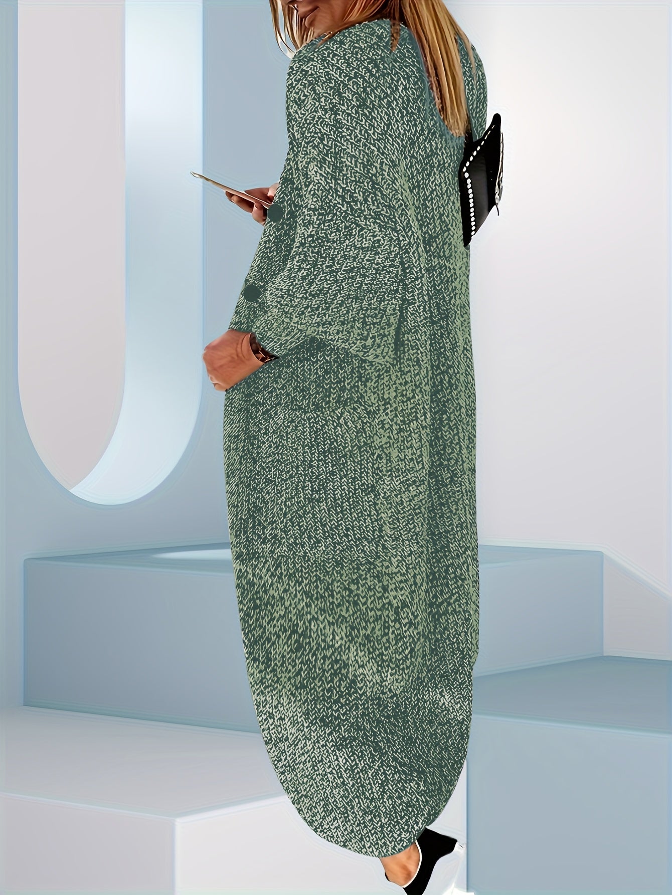 Cárdigan de mujer en color verde claro de acrílico con botones, cuello en V, manga larga, para otoño e invierno, capa adicional