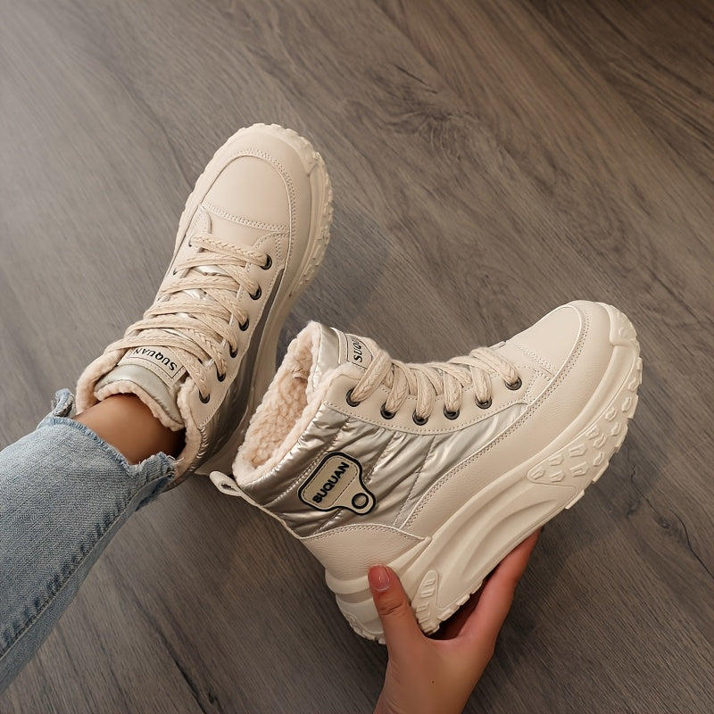 Women's Fleece-Lined Platform Ankle Boots Winter Casual Lace-Up Black Brown Beige