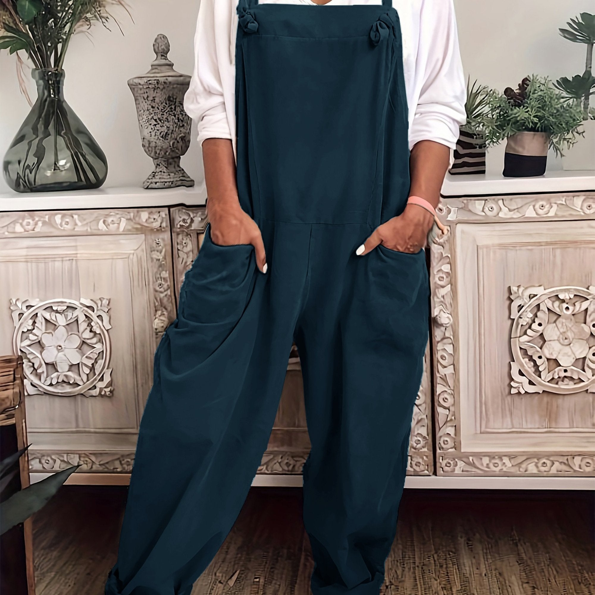 Plus Size Women Solid Knot Overall Jumpsuit Casual Summer Spring